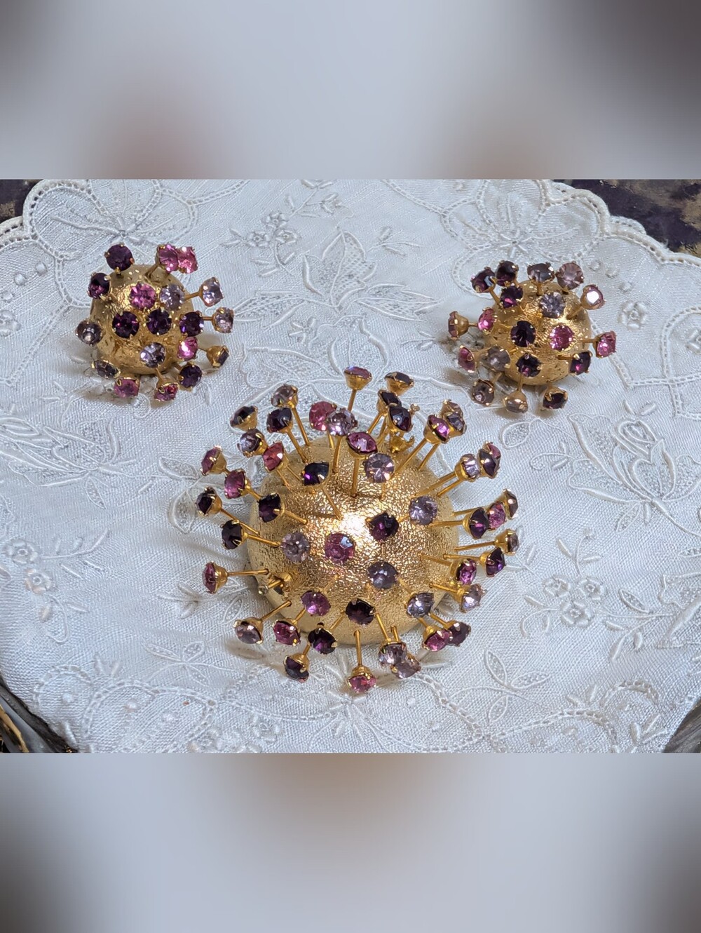 Vintage Corocraft Atomic Sputnik Brooch & Clip Earrings Set Purple Rhinestone